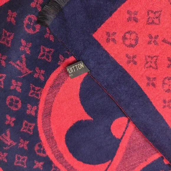 LOUIS VUITTON LV Vintage Blue & Red Abstract Floral Print Shawl Wrap Scarf